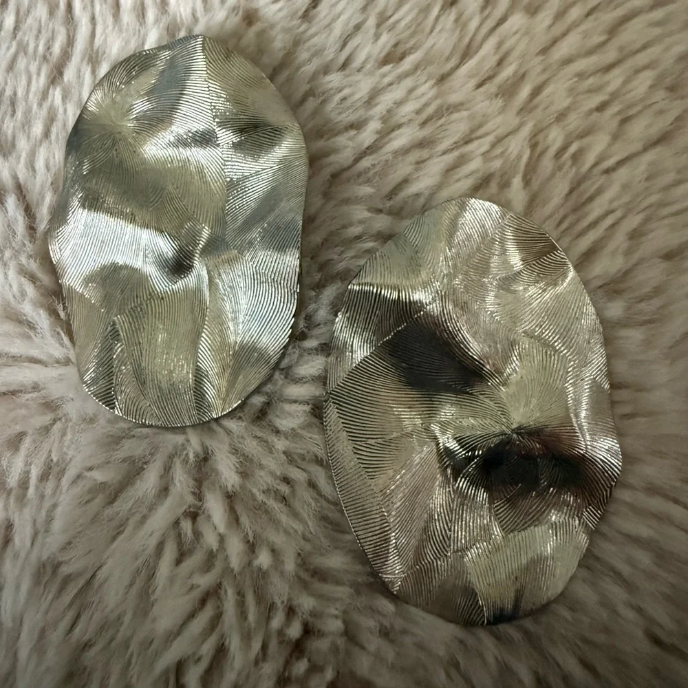 Waves Oversized Stud Earring Line Crumpled‎ Pierced Ear Statement Silver Tone